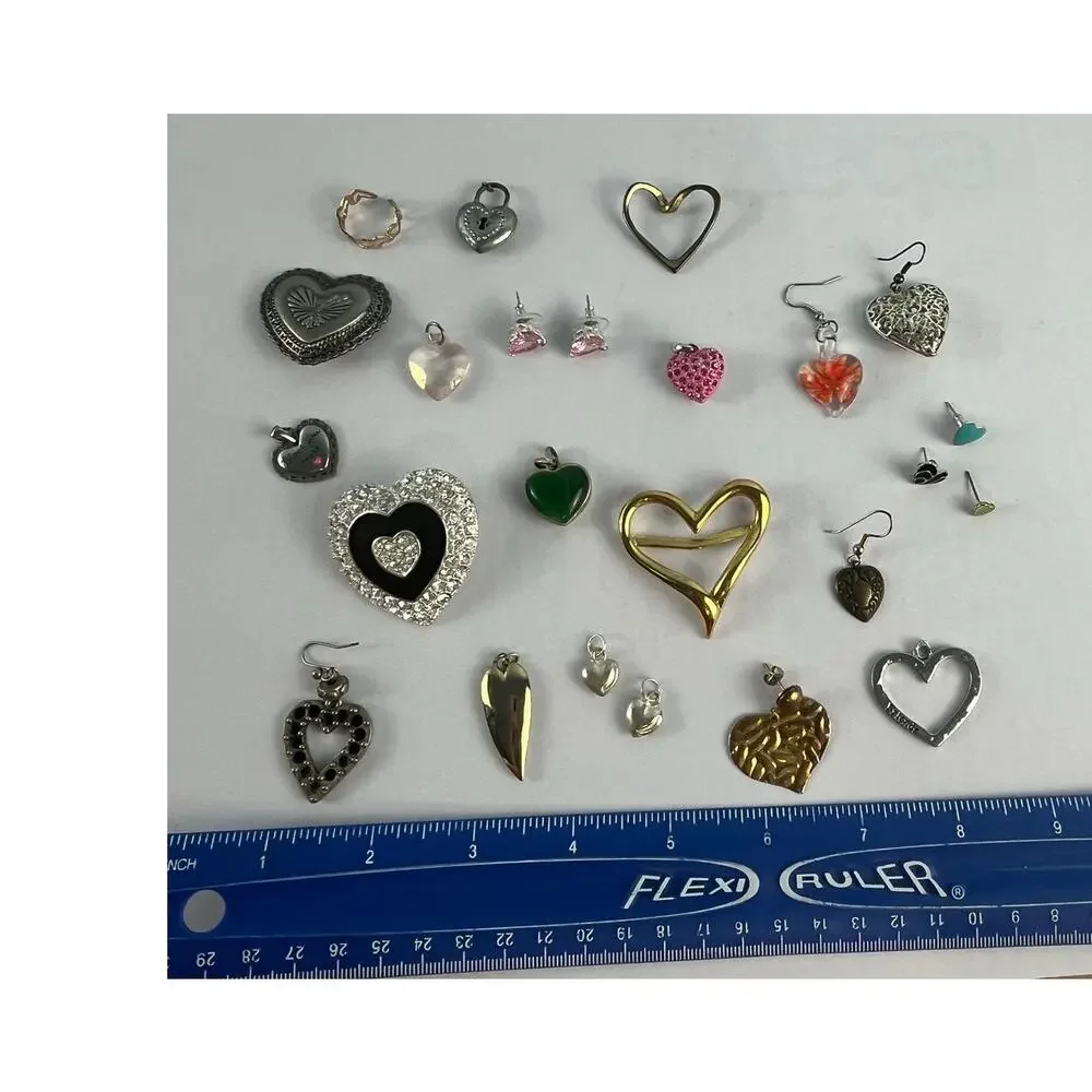 Y2K VTG and Modern Heart Jewelry Lot Rhinestone Pendants Earrings Brooches Craft